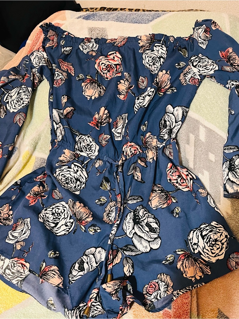 Women’s Navy Blue Floral Off-Shoulder Romper